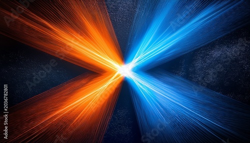 Two Thick Grainy Beams Of Complementary Orange And Blue Light Intersect To Form A Cross On A Dark Textured Background
