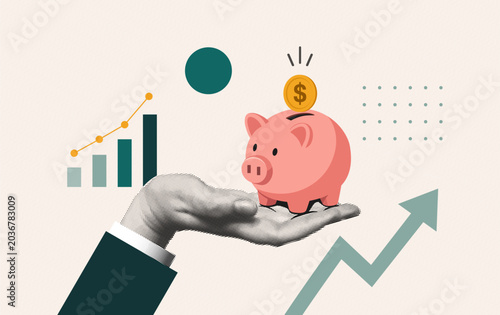 Halftone Retro Collage with Piggy Bank in Hand. Saving Money, Banking Finance Concept. Abstract Cutout Paper Style with Hands, Typography Elements
