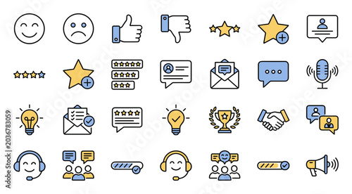 Quadro em tela Set of customer feedback and communication icons featuring smiley faces, thumbs
