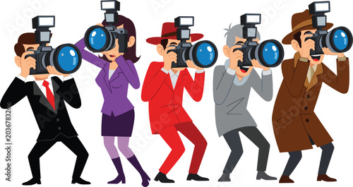 Foto Paparazzi and Journalists Character Set with Flash Cameras Taking Photos for Med