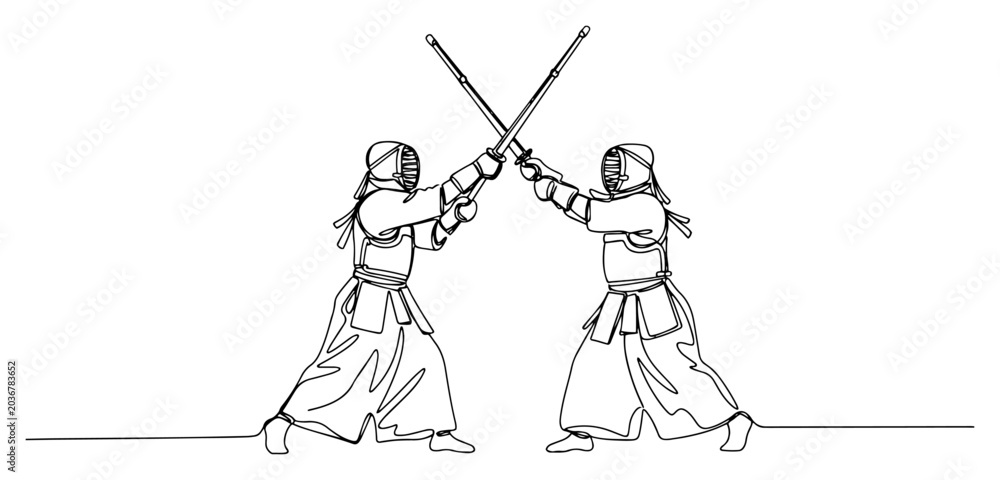 Ταπετσαρία Kendo fighters in duel continuous one line drawing Japanese martial arts swordsm
