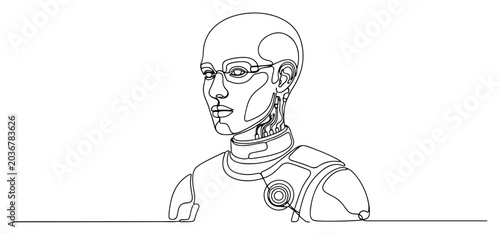 Humanoid robot cyborg head and shoulders continuous one line drawing artificial intelligence AI concept futuristic technology minimalist vector illustration