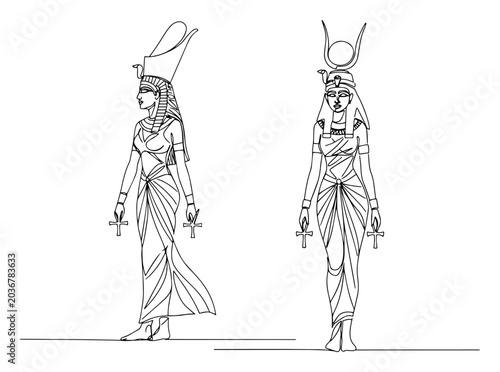 Obraz na plátne Ancient Egyptian goddess Isis and Hathor continuous one line drawing silhouette