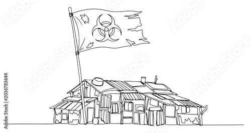 Konstfotografi Biohazard flag over slum shack continuous one line drawing post apocalyptic quar