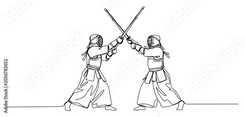 Cuadro en lienzo Kendo fighters in duel continuous one line drawing Japanese martial arts swordsm