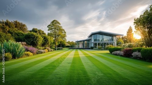 Perfectly maintained green lawn in front of luxury modern home representing premium landscaping elegant architecture and aspirational residential living concepts