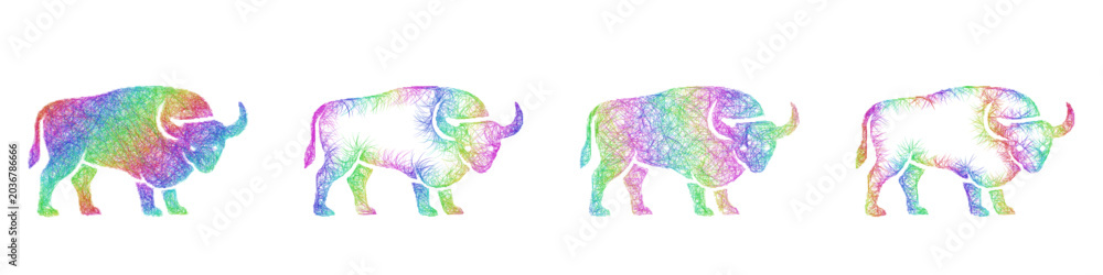 Fototapeta premium Multicolored sketch buffalo icon design set