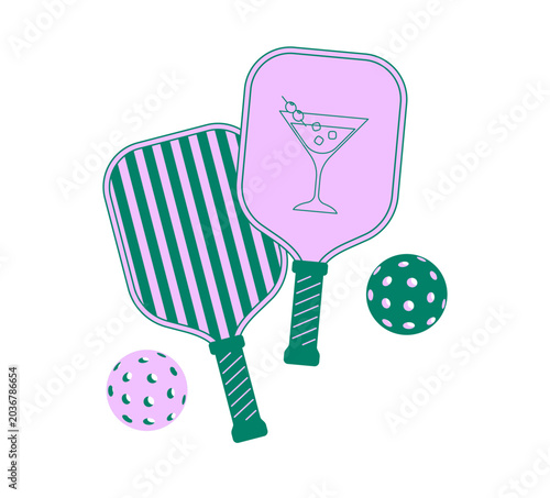 Photos Retro pickleball paddles and balls with striped pattern and martini cocktail line art icon