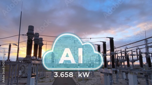 Photos AI cloud icon data above electrical substation at sunset