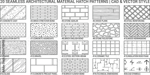 Twenty seamless architectural material hatch patterns for cad and vector design including brick stone wood sand and technical construction symbols for floor plans