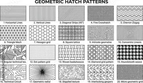 Fotografie Twenty geometric hatch patterns for technical design and pattern fills featuring
