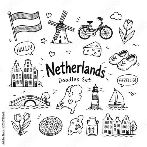 Netherlands doodles set. Hand drawn vector doodle set on white background