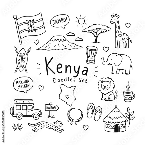 Kenya doodles set. Hand drawn vector doodle set on white background