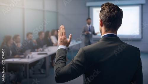 Profesional levantando la mano durante una presentación empresarial en una sala de reuniones