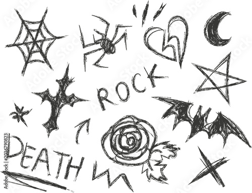 Quadro su tela Clean, simple black lineart doodles of hearts, stars, skulls, and cats