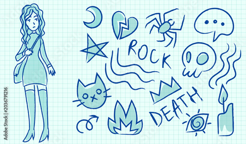 Quadro su tela Hand-drawn blue pen doodles of an emo girl, skulls, and spiderwebs on a notebook checkered page background