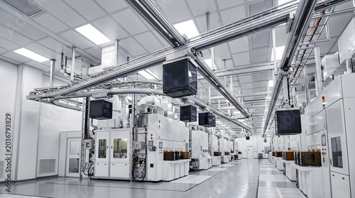 Bright Modern Semiconductor Fab Aisle With Overhead Hoist Transport System Carrying Multiple Wafer Carrier Pods Above Long Row of Production Equipment Under Industrial Ceiling Pipework