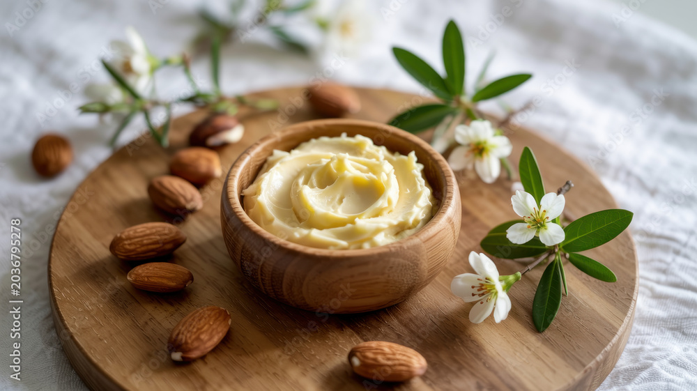 Fototapeta premium Natural Organic Almond Butter Cream in Wooden Bowl with Raw Almonds and White Flowers on Rustic Wood Board Flat Lay Spa Skincare Cosmetic Product Photography High Resolution Asset