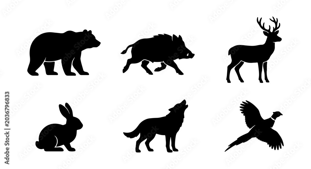 Obraz premium Set of wild forest animals silhouettes, bear, boar, deer, rabbit, wolf and pheasant