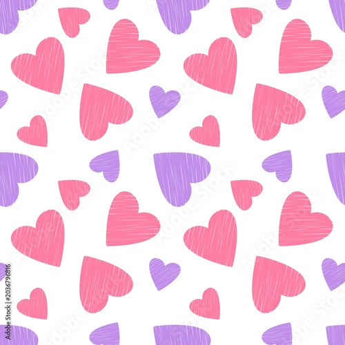 Seamless vector pattern featuring a playful assortment of hand-drawn hearts in pink and purple hues on a clean white background. 