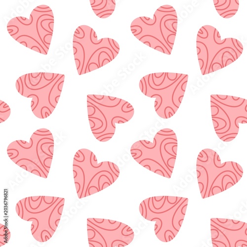Seamless pattern composed of cute pink hearts with a delicate swirl pattern inside, arranged on a clean white background.