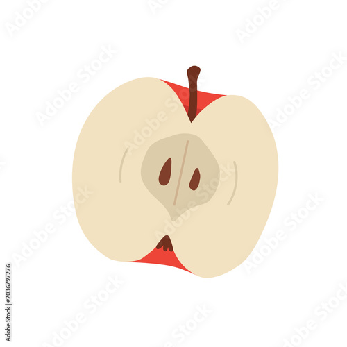 Flat vector illustration of sliced red apple with seeds and soft colours. Cute healthy food clipart isolated on light background for children and educational design.
