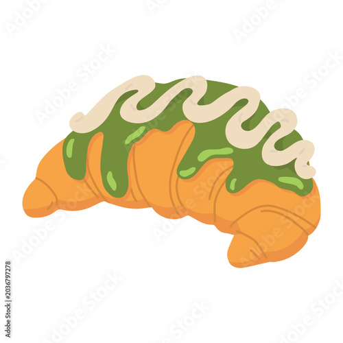 Cute flat vector croissant with pistachio icing and cream topping. Sweet bakery illustration isolated on light background for cafe, menu, packaging and children design.