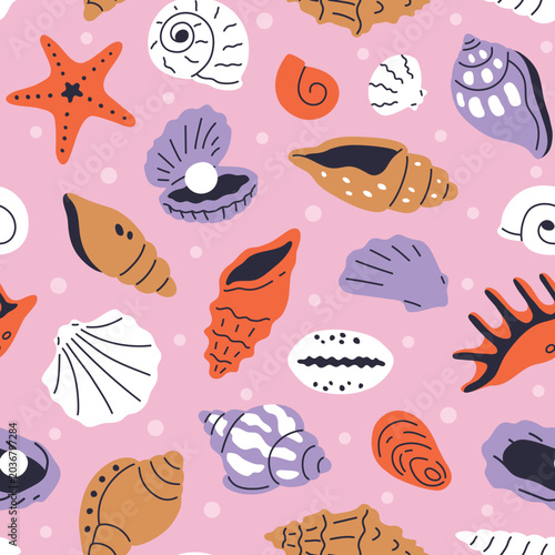 vector seamless seashell pattern with starfish and ocean shells on pink background. Childish marine vector illustration for fabric, wrapping paper and nursery decor.