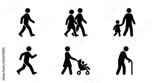 Set of human silhouettes icons, people walking, running, with child, pushing stroller and elderly person with cane, collection of vector pictograms