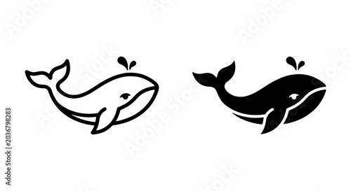 Tableau sur toile Set of two whale icons, outline and silhouette style illustrations