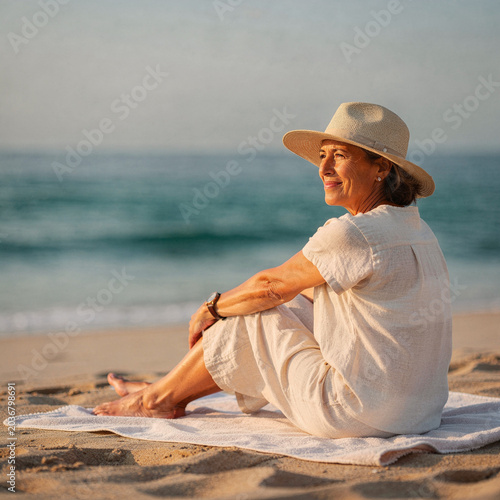 Serene senior woman in a straw hat and linen dress sitting on a towel at the beach, looking out at the ocean during golden hour