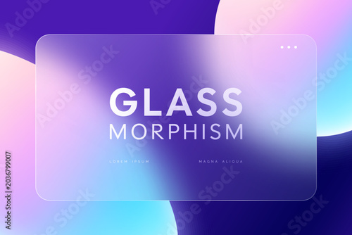 Abstract glassmorphism background with transparent frosted glass screen, neon gradient round shapes and soft blur effects. Trendy holographic vector banner for web, presentation design, app.