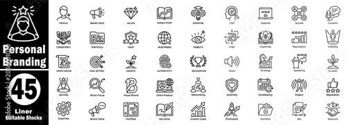 Personal branding linear icons set.  Featuring career development, marketing strategy, online presence, and professional identity.