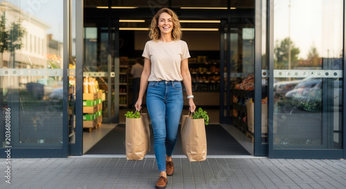 Smiling Caucasian woman walking out of store with bags from a supermarket, healthy lifestyle and grocery shopping