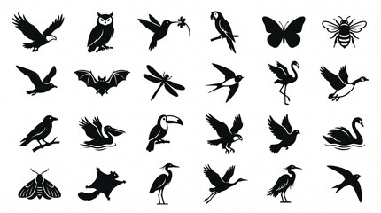Flying animals and insects silhouette icon set. Vector collection of 24 black symbols including eagle, butterfly, bee, owl, toucan, pelican, bat, and birds isolated on a light background.