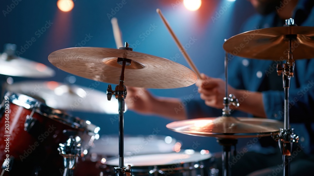 Obraz premium Drummer playing cymbals with sticks frozen mid-air during a live performance