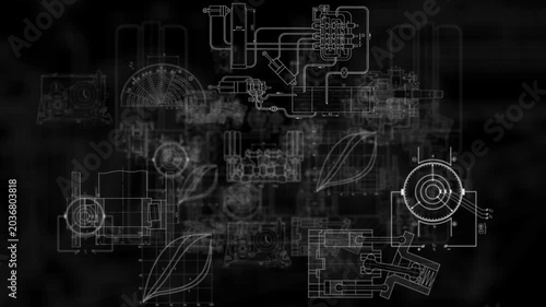 Animated mechanical blueprint collage of vintage technical drawings with white schematic lines on black industrial engineering background