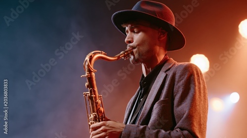 Man in fedora playing saxophone on a dimly lit jazz stage with warm spotlights