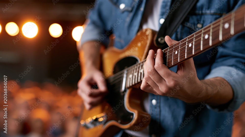 Obraz premium Close-up of a musician's hands playing a worn electric guitar on stage