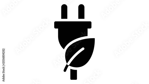 Black electric plug with a green leaf icon, isolated on white background