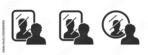 Foto Three silhouette of people looking into mirrors of different shapes person refle