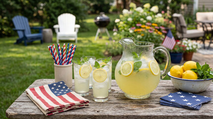 Iced lemonade pitcher and glasses with straws and patriotic napkins and tablecloth on wooden table with grill in blurred backyard with no people - 4th of july celebration BBQ