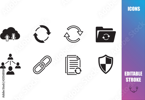 Data Synchronization and Secure File Management Vector Icons Pack, System Update Backup Links and Network Protection Line Art Set with Editable Stroke