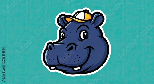 Cartoon blue hippo mascot wearing a yellow baseball cap.