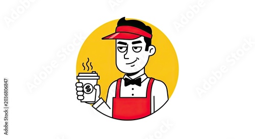 Cartoon male barista holding coffee cup in yellow circle.