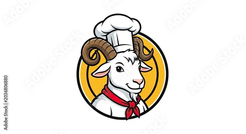 Cartoon white goat chef mascot in yellow circle frame.