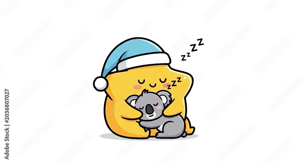 Naklejka premium Cute koala hugging yellow pillow sleeping with nightcap illustration.