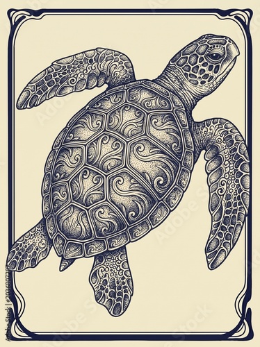 Sea turtle in vintage engraved marine illustration style