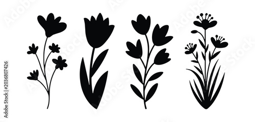 Silhouettes of Wildflowers: A collection of elegant black silhouettes showcasing various wildflowers, each with distinct petals and foliage, creating a simple yet captivating botanical art.