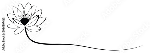Lotus Flourish: A delicate black and white line drawing of a lotus flower, symbolizing purity and enlightenment, with a gracefully curving stem extending outwards.